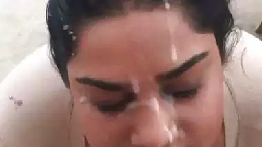 Big boob babe takes thick Indian cum in mouth