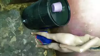 Slim figured Indian girl making her bathing selfie