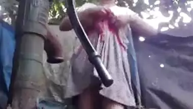 Desi sex slut washes her XXX tits and pussy on camera for fans outdoors